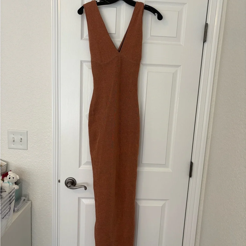 Herve Leger Copper Metallic Halter Midi Dress - Picture 4 of 6